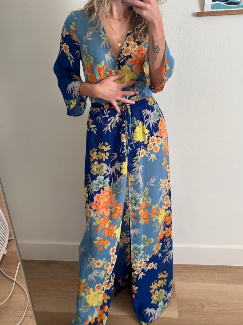 Guess Floral Bell Sleeve Maxi Duster Kimono Blue Orange XXS Boho